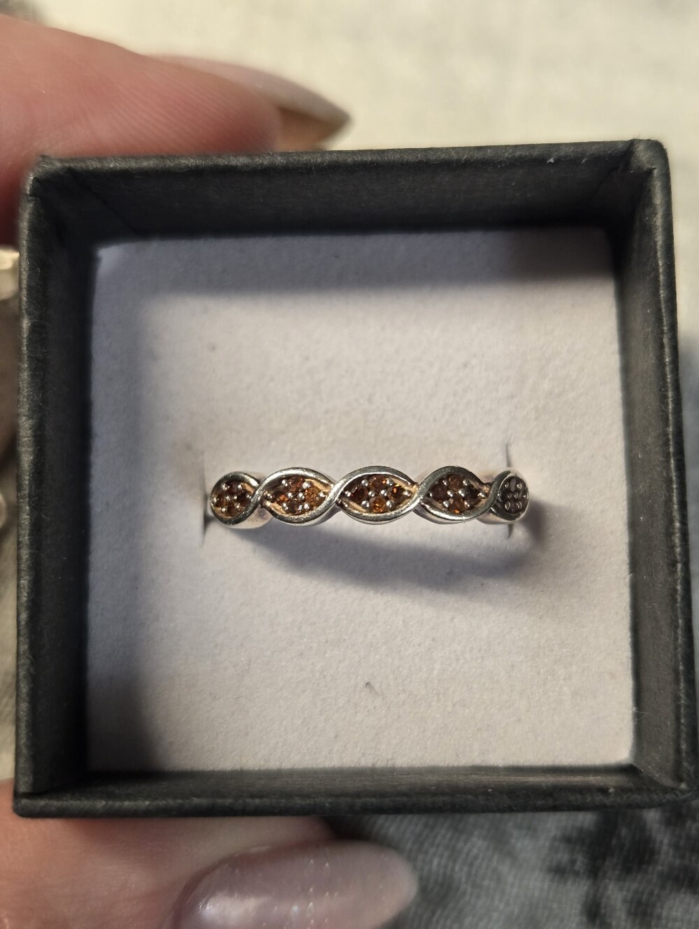 Sterling Silver Twist Band Ring with Brown Orange Gemstones